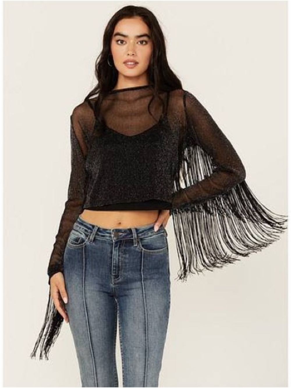 Idyllwind Metallic Mesh Black Fringe Cropped top
